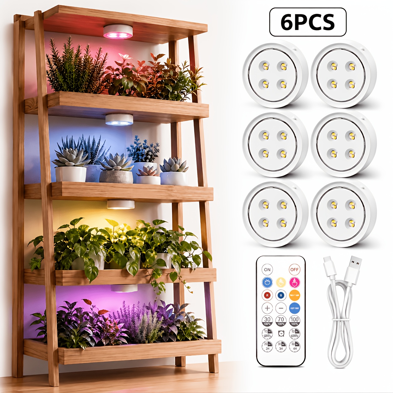 Alficedo Rechargeable Full Spectrum LED Grow Light with Timer Remote & Stepless Dimming, Magnetic Mount for Indoor Shelf Greenhouse, 6Pack