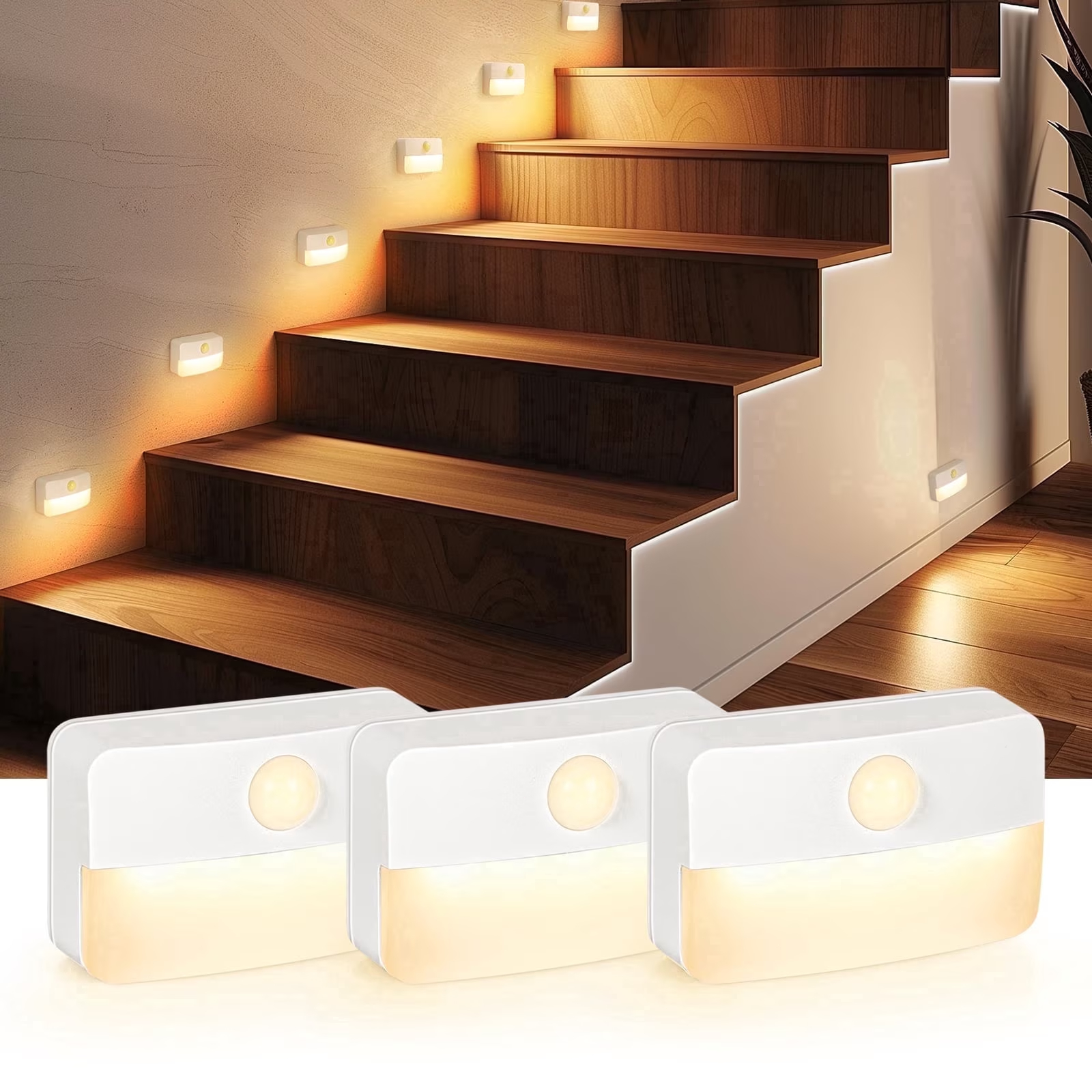 Motion Sensor Stair Lights Indoor, Battery Operated Night Lights, Warm White Stick on Anywhere LED Lamps, Portable Lighting for Hallway Bedroom Under Cabinet Kitchen