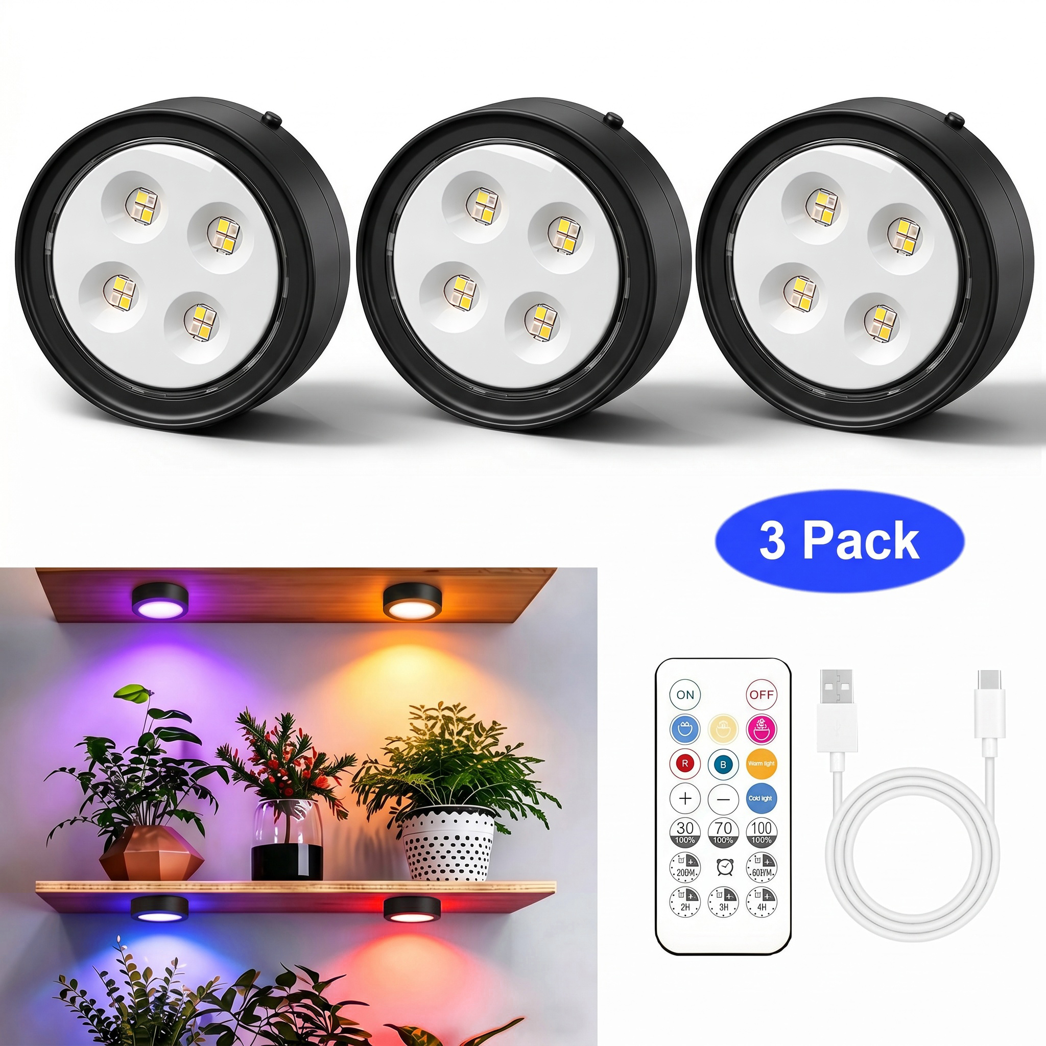 Rechargeable Grow Light 3 Pack, Full Spectrum LED, Magnetic Plant Light for Indoor, 6500K, Stepless Dimming with Timer Remote, for Shelf