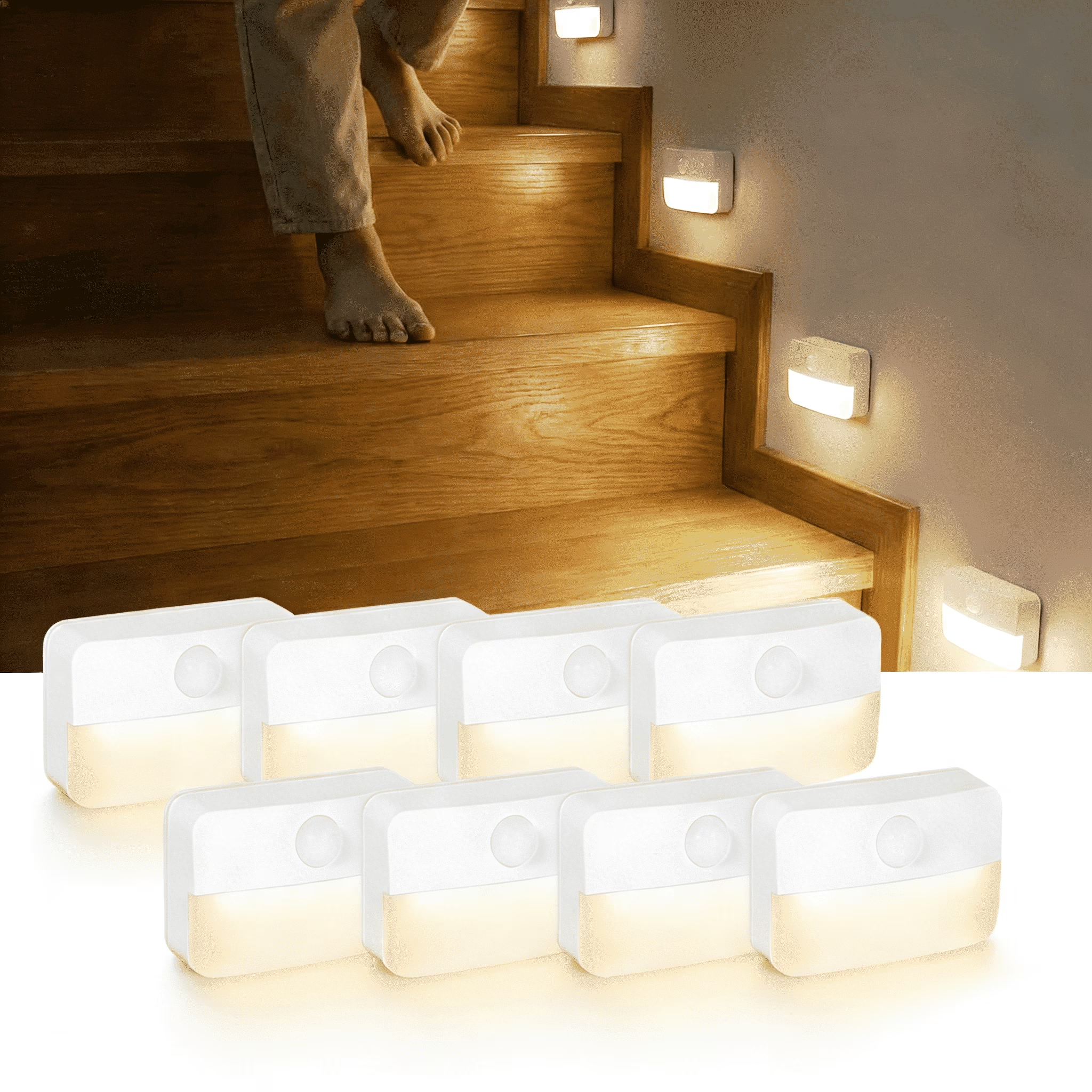 Motion Sensor Stair Lights Indoor, Battery Operated Night Lights, Warm White Stick on Anywhere LED Lamps, Portable Lighting for Hallway Bedroom Under Cabinet Kitchen