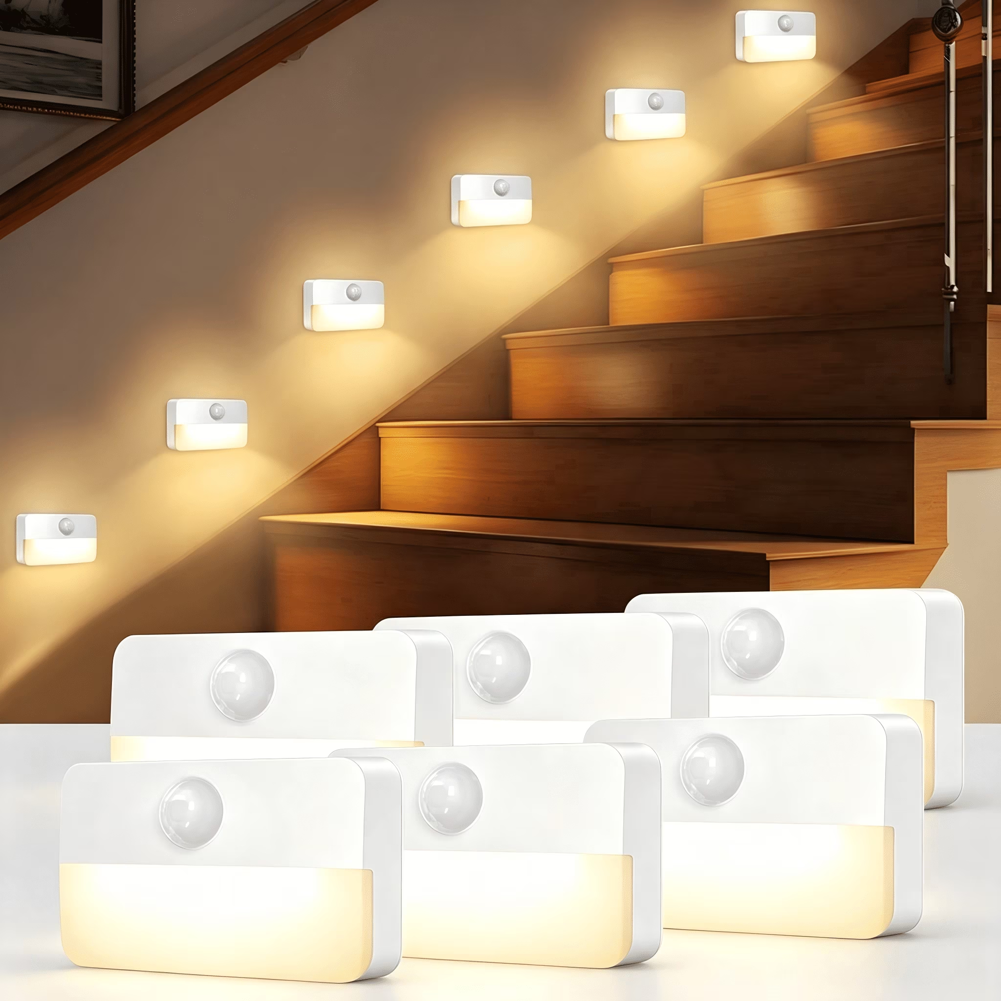 Motion Sensor Stair Lights Indoor, Battery Operated Night Lights, Warm White Stick on Anywhere LED Lamps, Portable Lighting for Hallway Bedroom Under Cabinet Kitchen