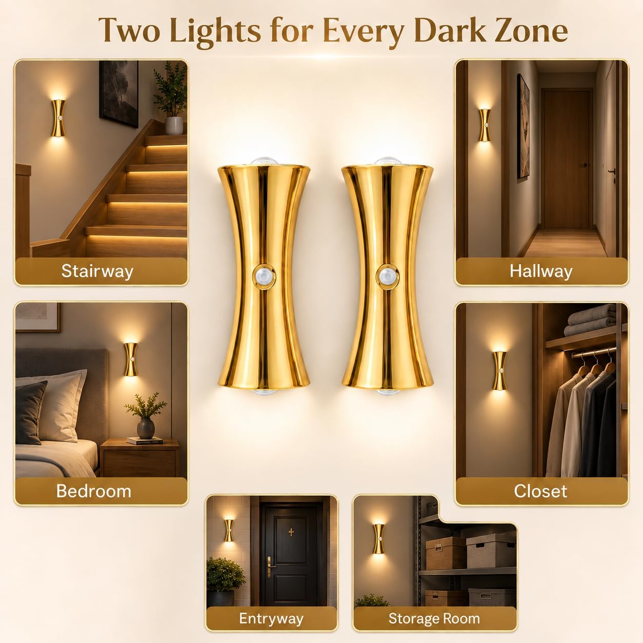 2 Pack Rechargeable Motion Sensor Wall Light, 3 Colors Dimmable Magnetic Battery Operated, Gold
