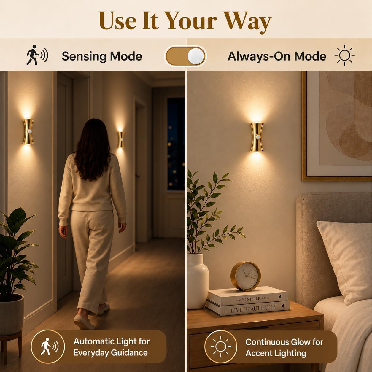 2 Pack Rechargeable Motion Sensor Wall Light, 3 Colors Dimmable Magnetic Battery Operated, Gold
