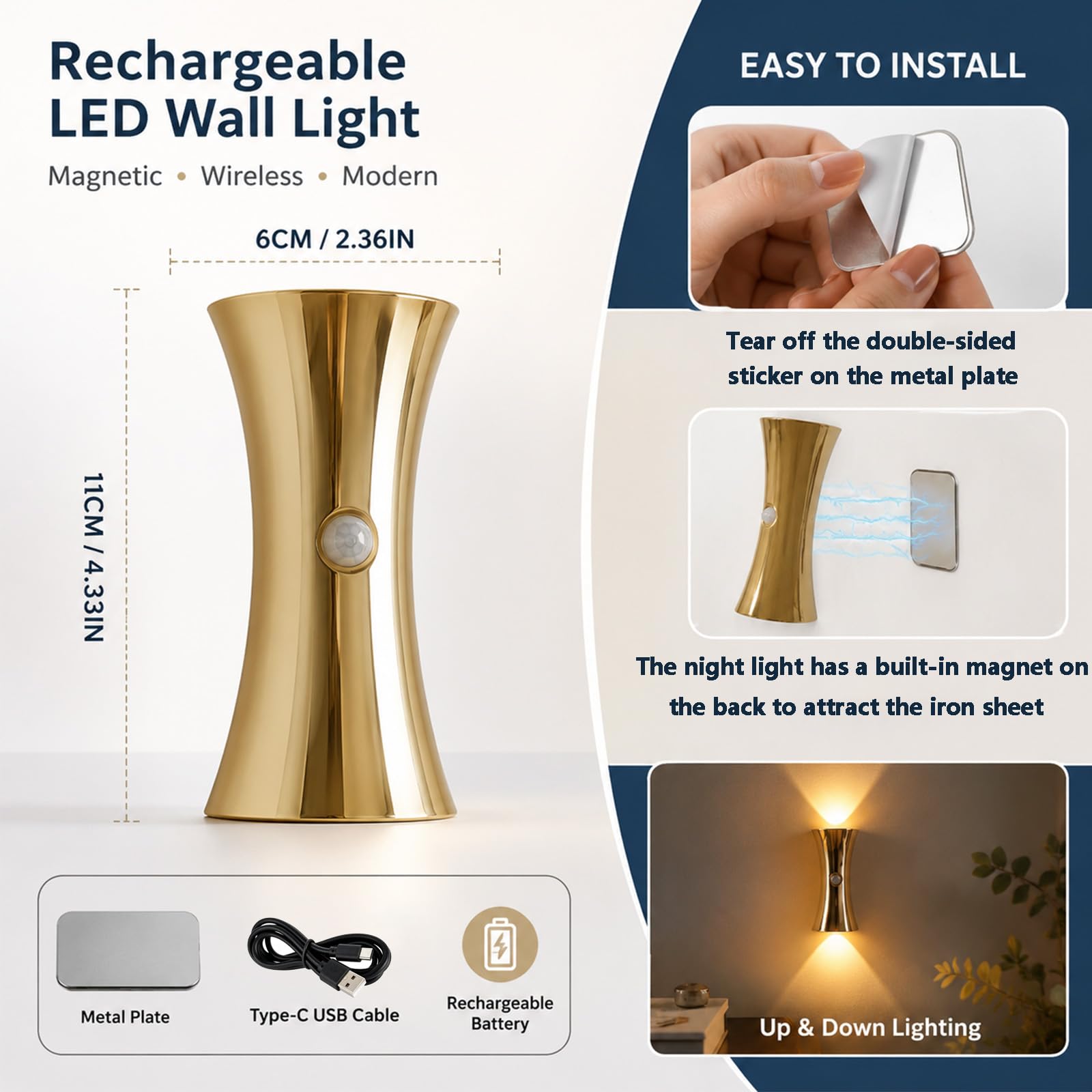 2 Pack Rechargeable Motion Sensor Wall Light, 3 Colors Dimmable Magnetic Battery Operated, Gold