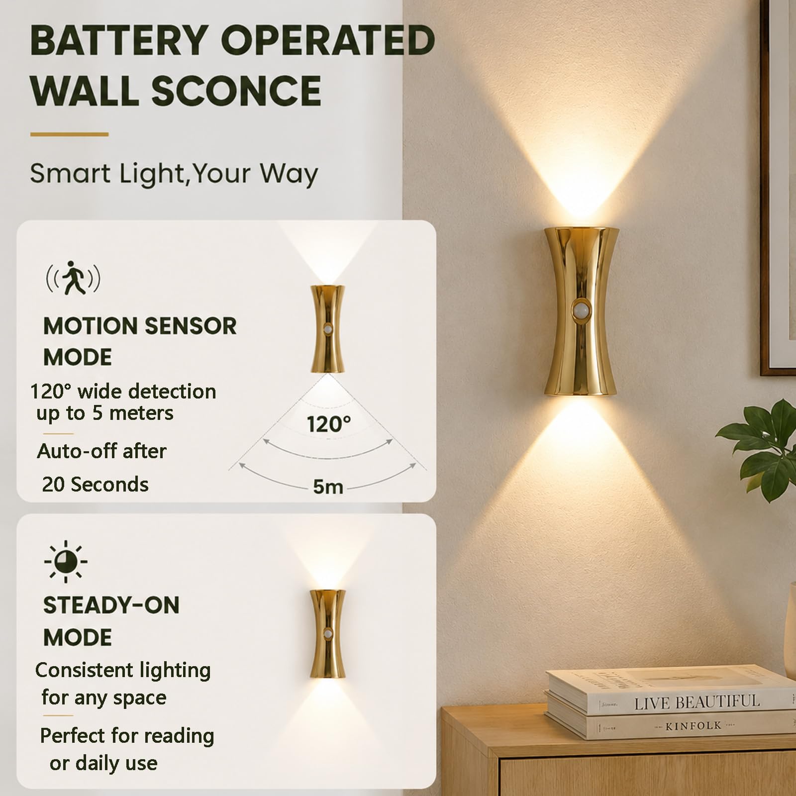 2 Pack Rechargeable Motion Sensor Wall Light, 3 Colors Dimmable Magnetic Battery Operated, Gold