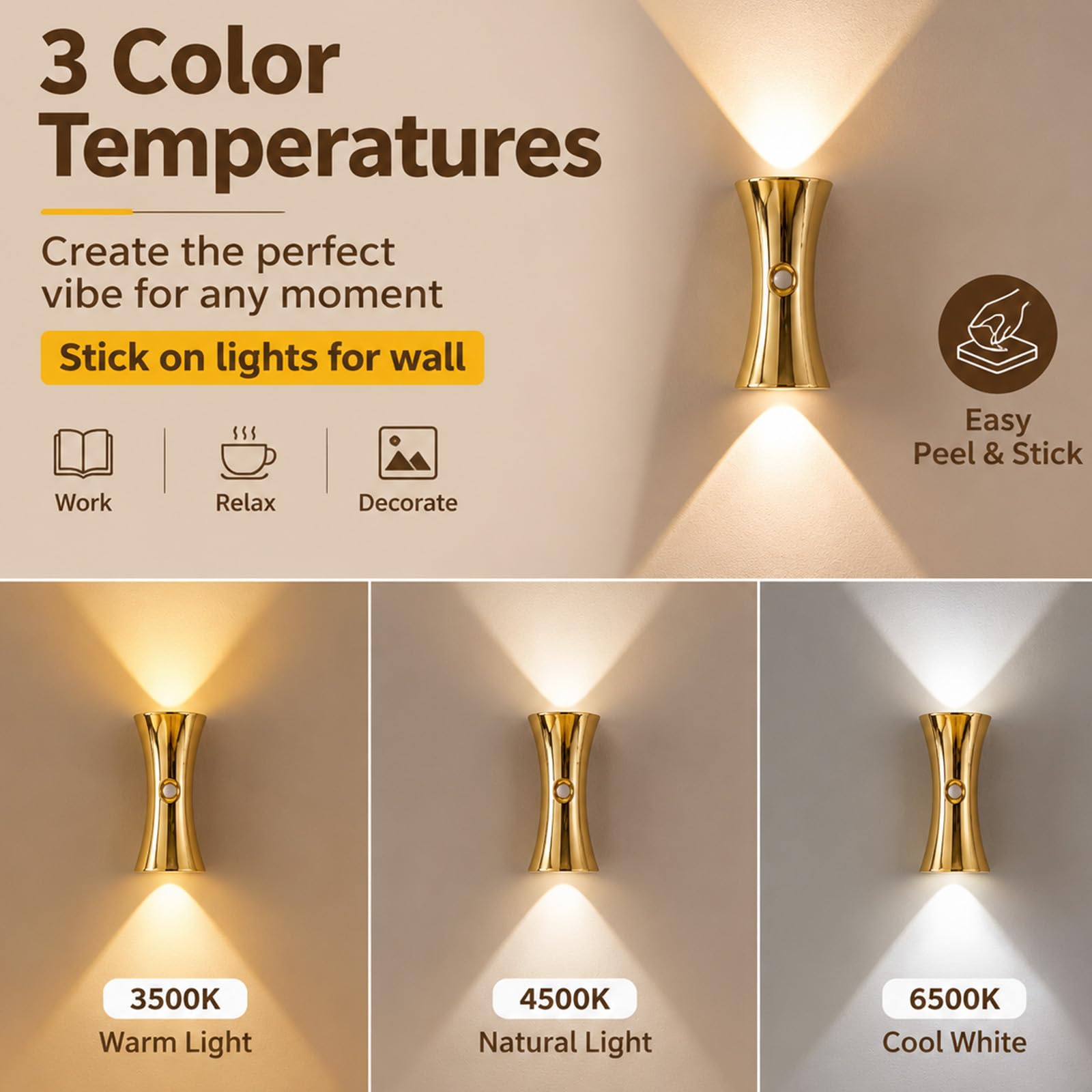 2 Pack Rechargeable Motion Sensor Wall Light, 3 Colors Dimmable Magnetic Battery Operated, Gold