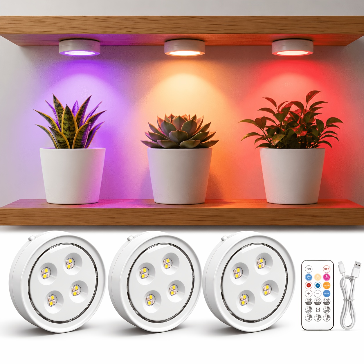 Alficedo Rechargeable Grow Lights for Indoor Plants, Full Spectrum LED with Timer, Magnetic Mount, 3 Pack
