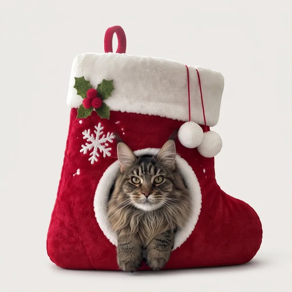Cat resting inside red plush Christmas stocking bed