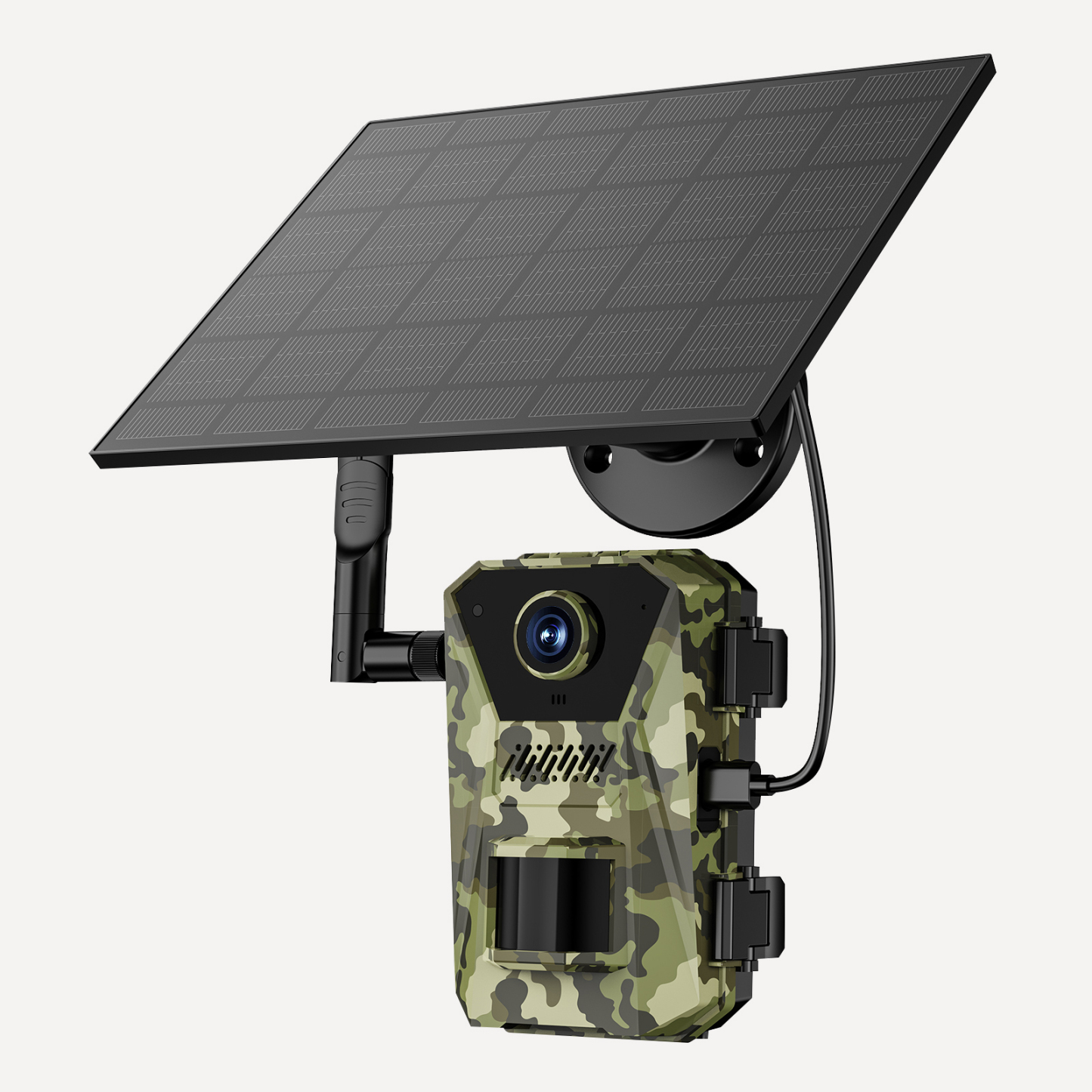 NaturePar 4G åtelkamera med solpanel, antenn och kamouflerat hölje