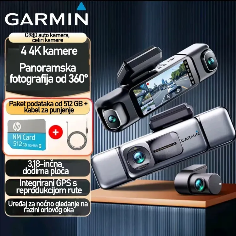 🔥🔥🔥Garmin G980 – 360° 8K pametna auto kamera | AI zaštita, glasovno upravljanje, noćni vid, 4-kamerni sustav + precizno GPS praćenje za potpunu sigurnost u vožnji🔥🔥🔥