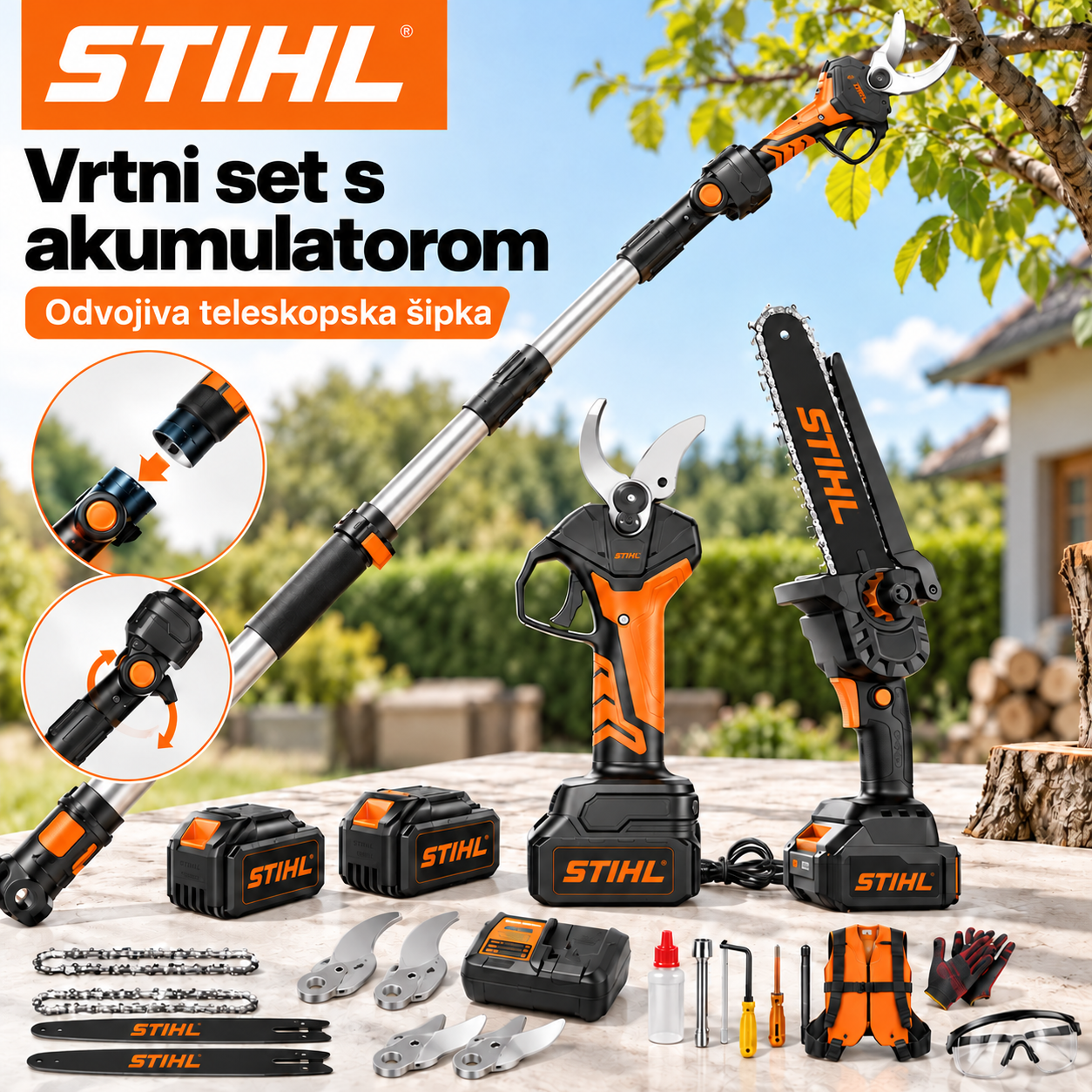 STIHL® komplet koji se sastoji od akumulatorske motorne pile i vrtnih škara s motorom bez četkica – profesionalne performanse, rezanje bez napora.