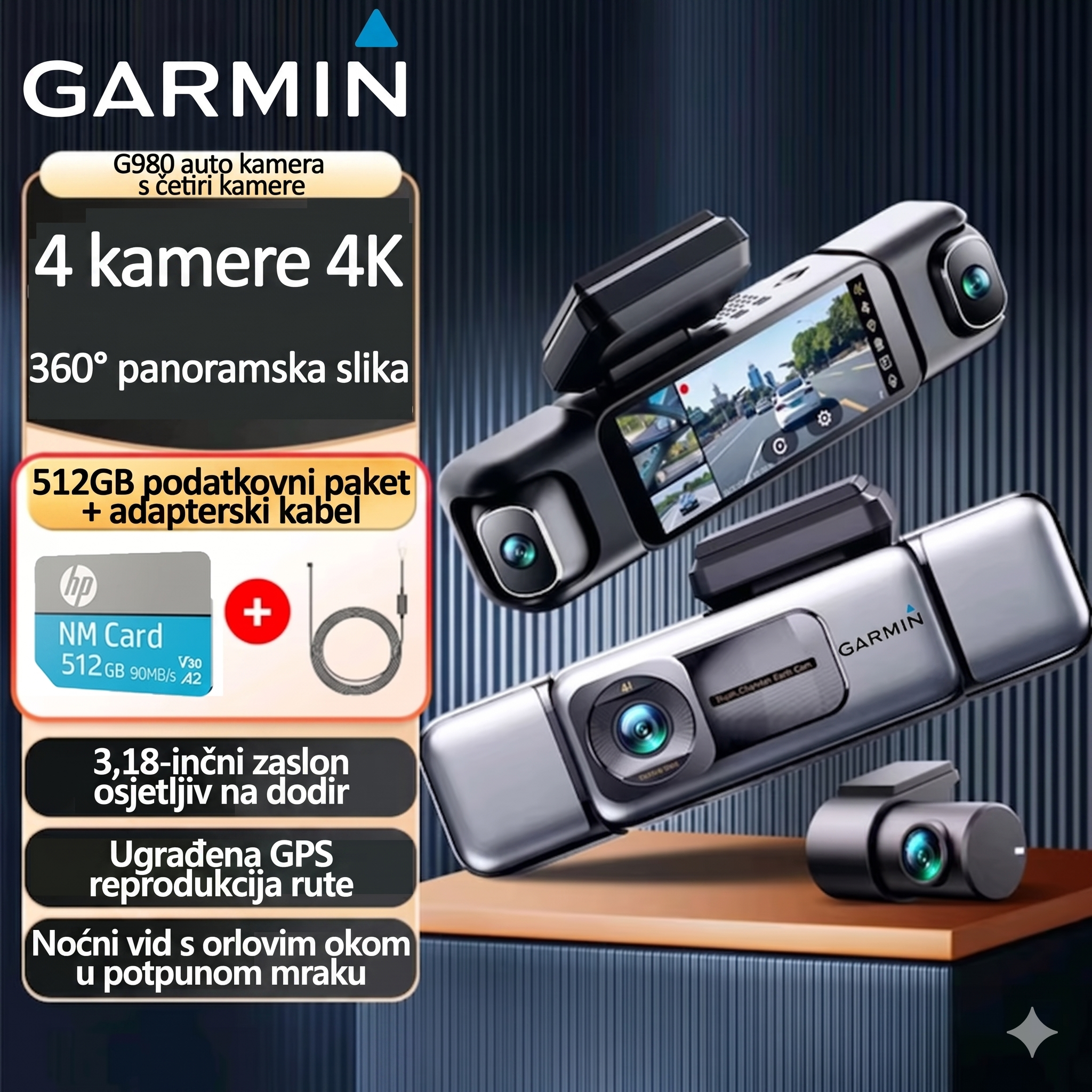 Auto kamera Garmin G980 s glasovnom kontrolom i umjetnom inteligencijom, četiri kamere, panoramski pogled od 360°, noćni vid u 4K Ultra HD i GPS praćenje