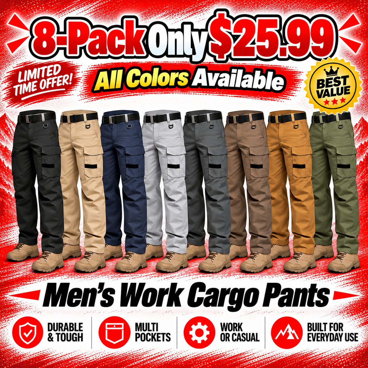 Men's Flex Stretch Tactical Pants, Water Resistant Ripstop Cargo Pants