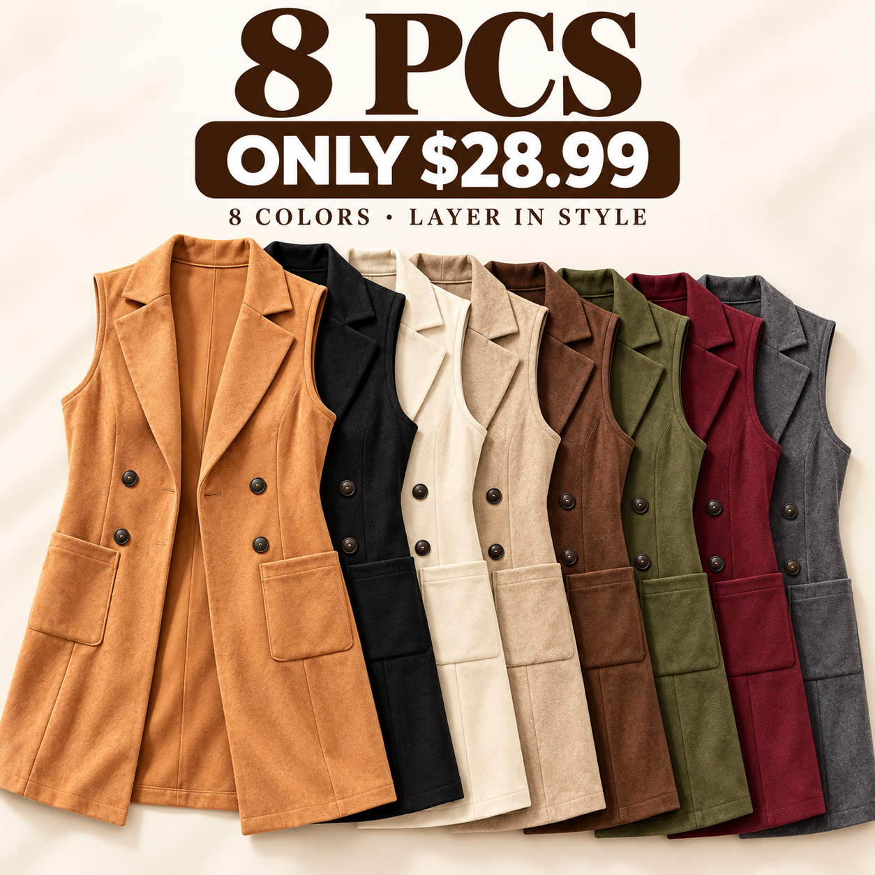 Women's Breasted Long Vest with Pockets+Includes a silk scarf