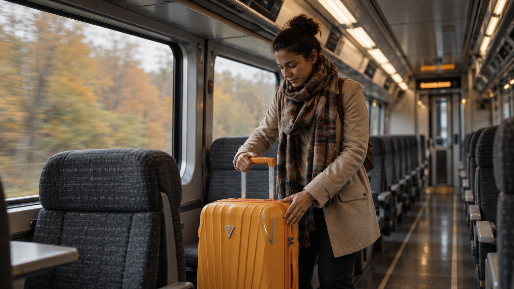 Come trasportare e sistemare la valigia da donna in treno durante un viaggio autunnale