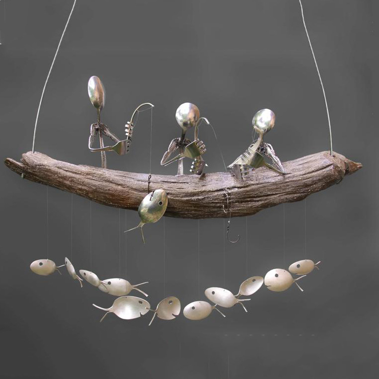 Handmade Fishing Man Spoon Fish Sculpture Wind Chime