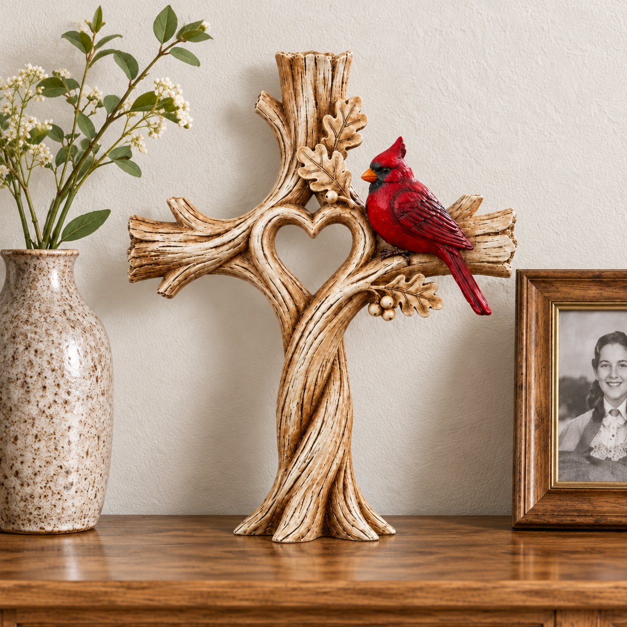 🐦Cardinal Heart Tree Cross – Hand-Carved Solid Wood Decor