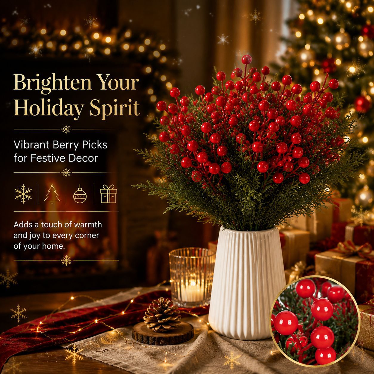 🎄Christmas Red Berry & Evergreen Picks – Add a Warm Holiday Glow ✨