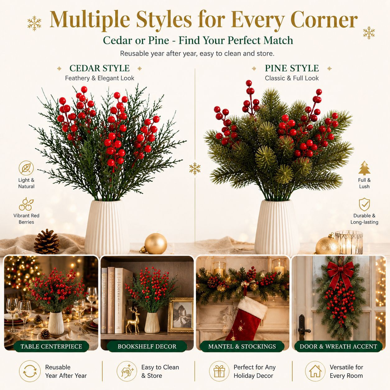🎄Christmas Red Berry & Evergreen Picks – Add a Warm Holiday Glow ✨