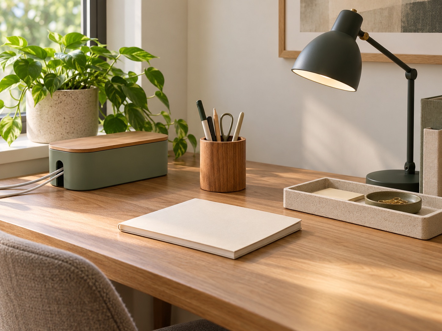 A practical desk setup with clearly visible everyday objects