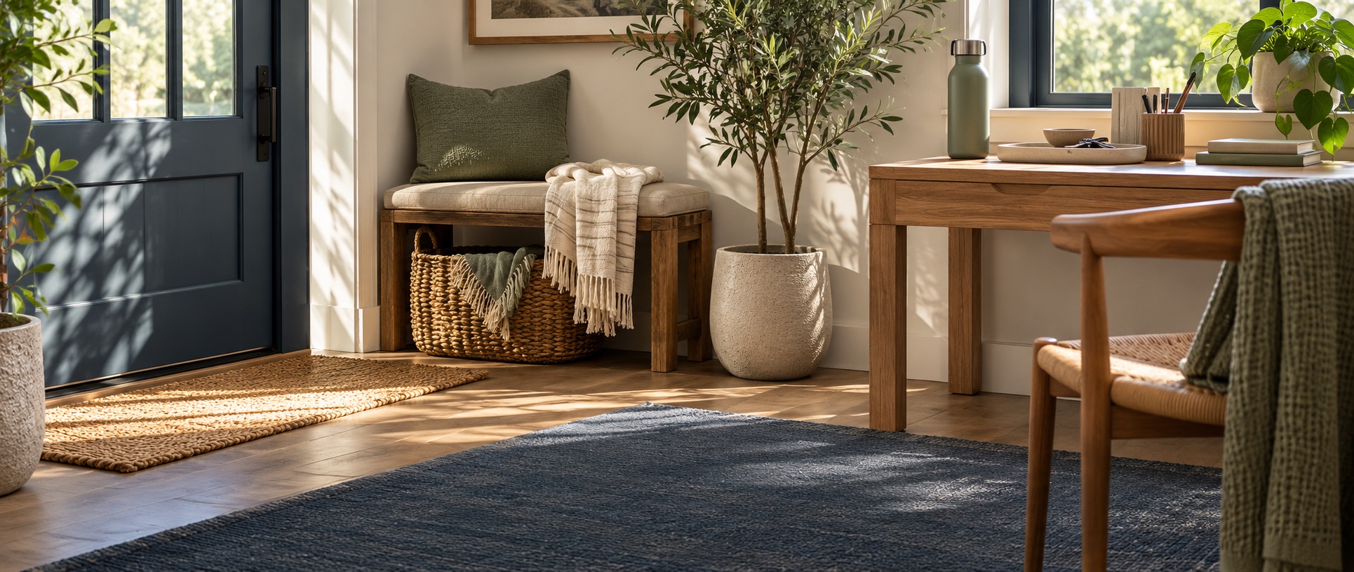 A sunlit entryway and work area with practical everyday objects