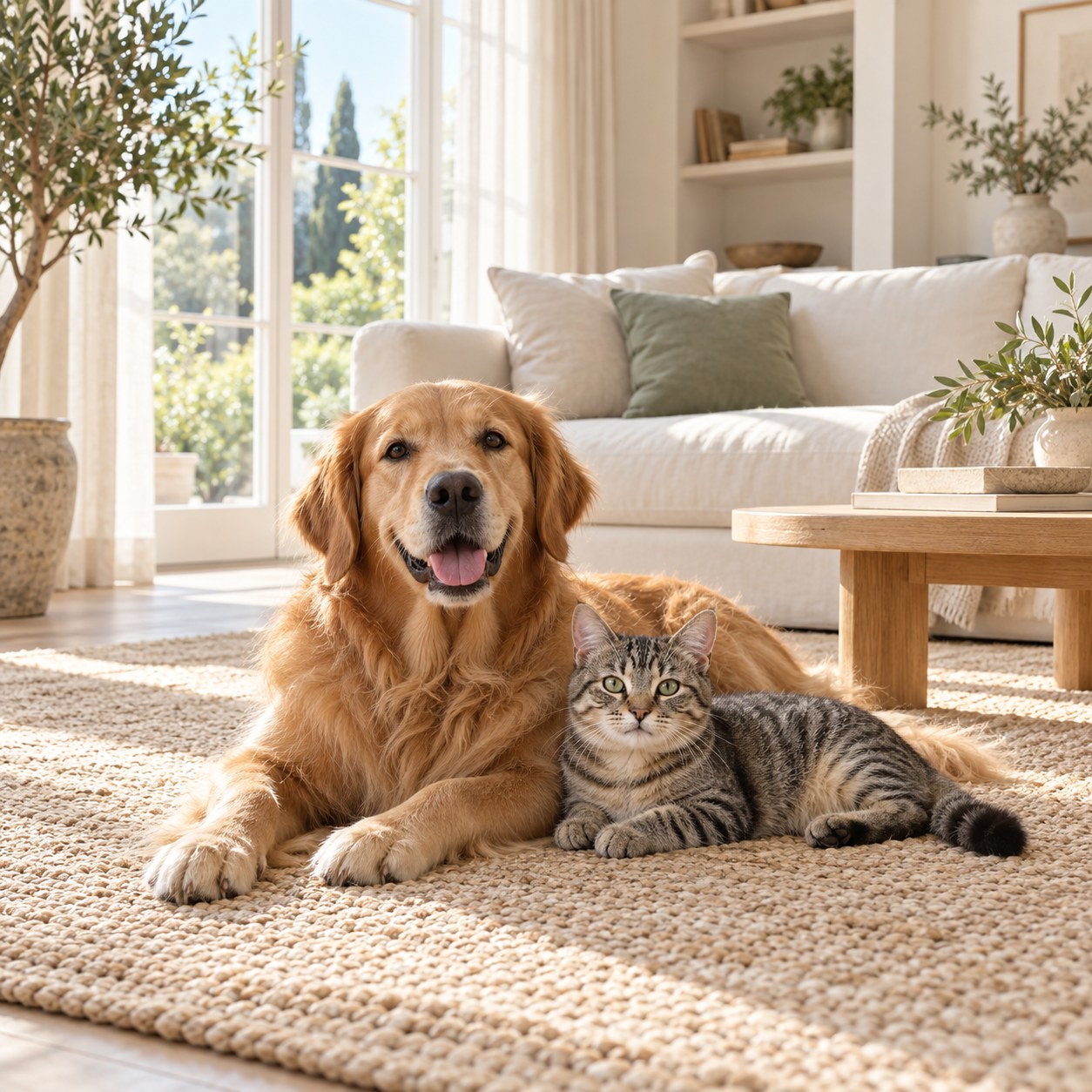 A dog and cat relaxing together in a sunlit home