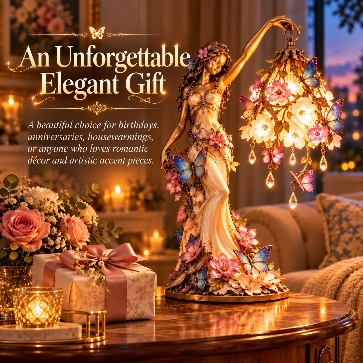 🦋 Butterfly Lady Accent Lamp – Elegant Floral Goddess Light with Crystal Drops🌸🎁