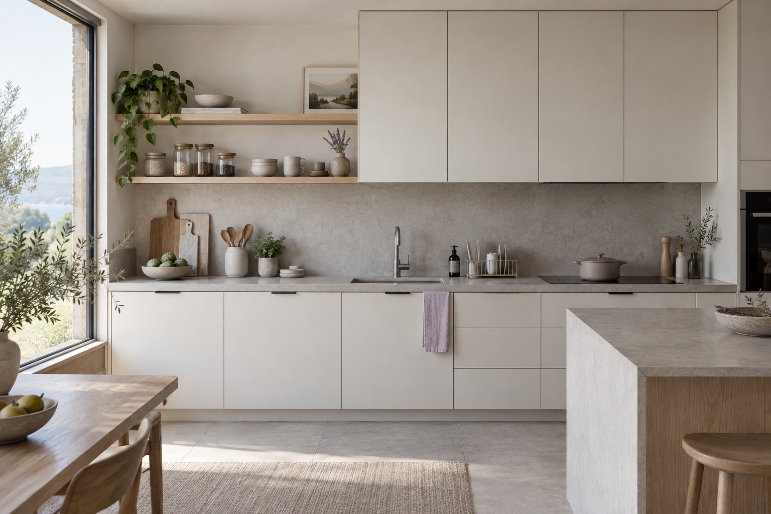 An everyday kitchen moment with mixed cookware, glassware and tableware
