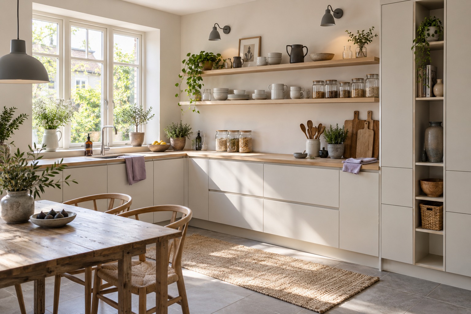 Sunlight across a calm, lived-in kitchen after a shared meal