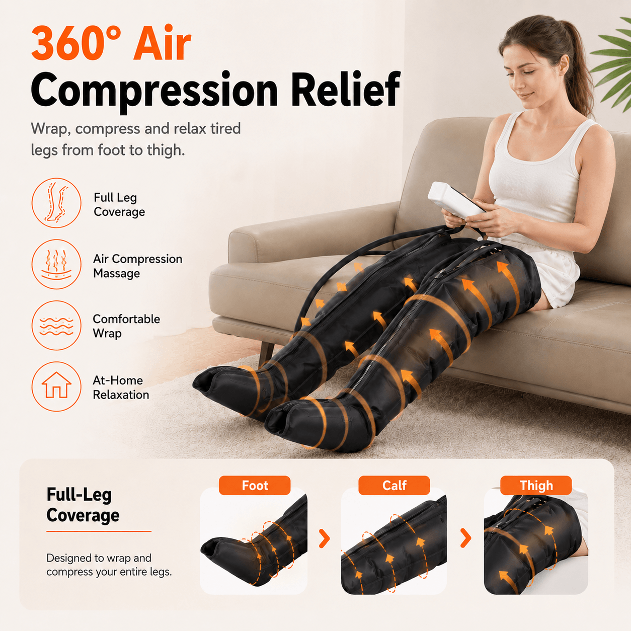 Air Compression Leg Massager Full Leg Foot Calf Thigh 3 Modes 3 Levels Timer