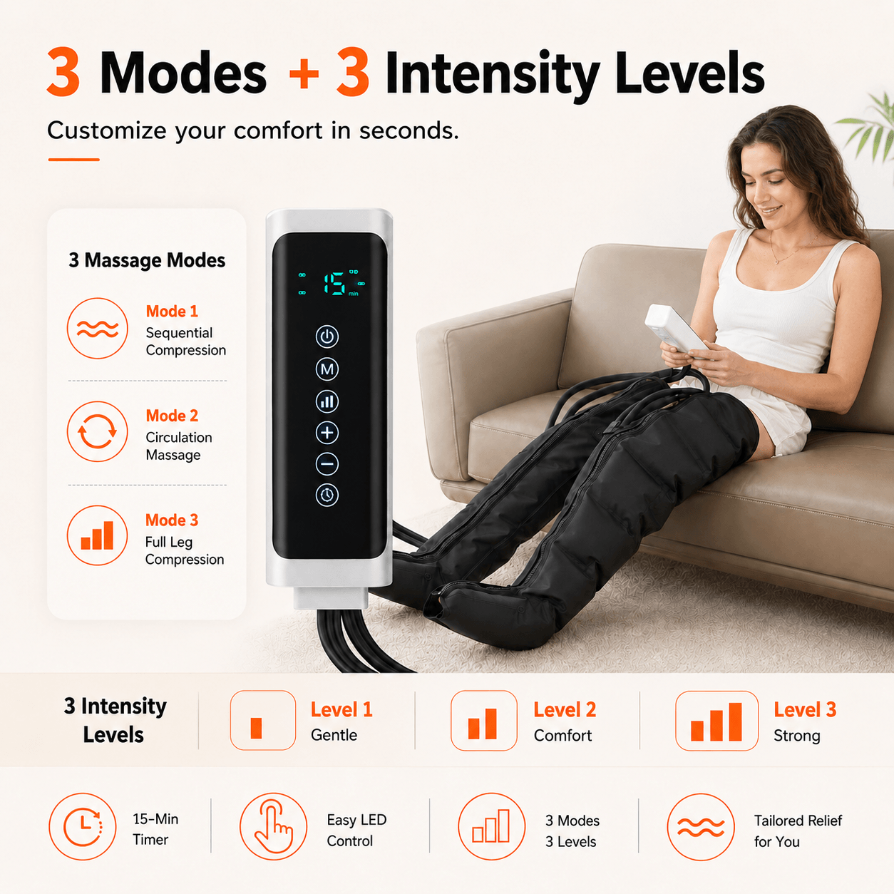 Air Compression Leg Massager Full Leg Foot Calf Thigh 3 Modes 3 Levels Timer