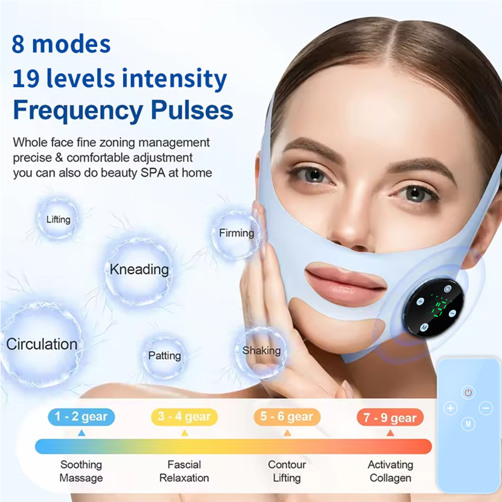 EMS Facial Massager Mask Microcurrent V Line Strap 8 Modes 19 Levels Remote