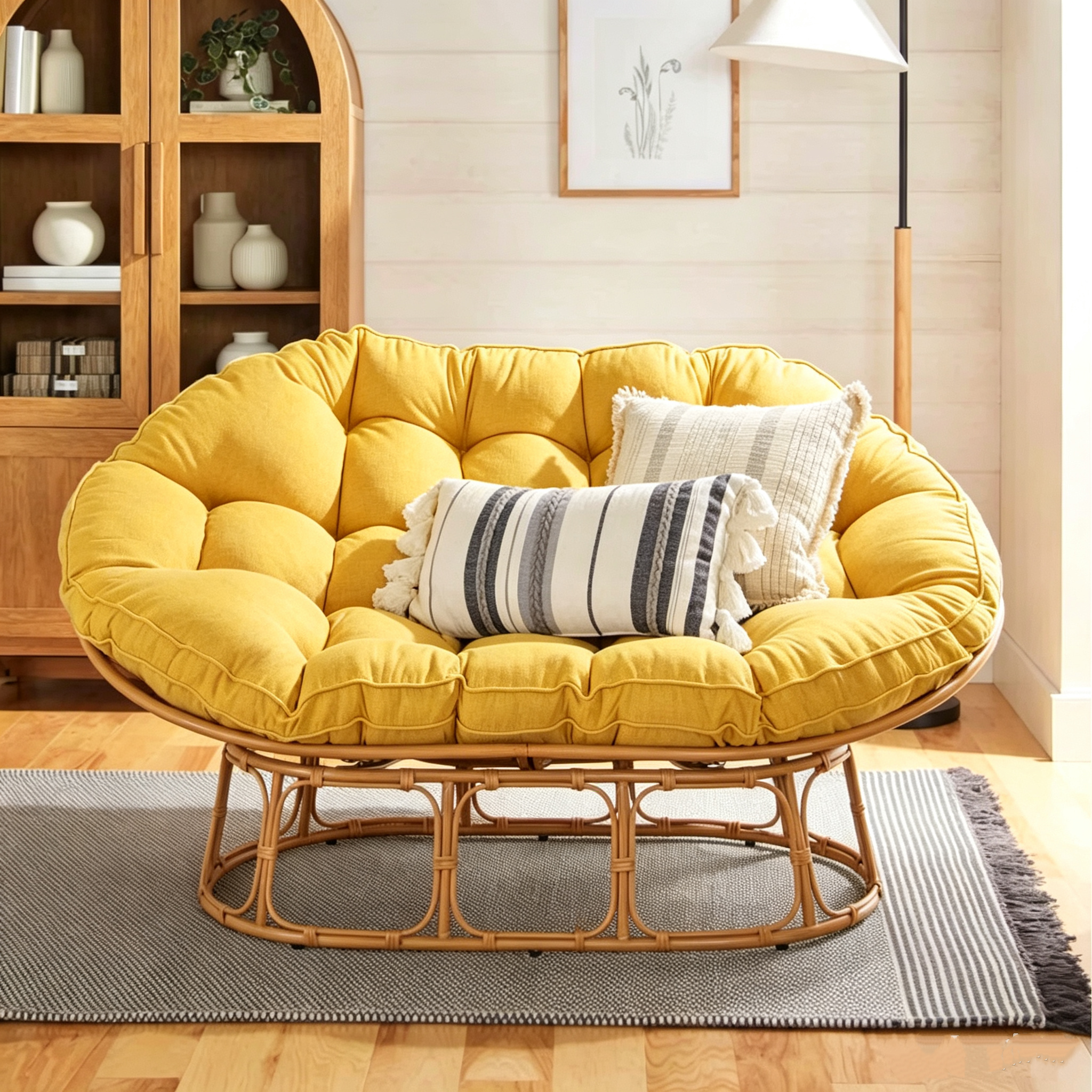 Double Papasan Rocking Lounge Chair, Complete Set with Thick Tufted White Linen Cushion, Faux Rattan Rocking Frame, Oversized 2‑Person Rocking Accent Chair for Living Room Bedroom