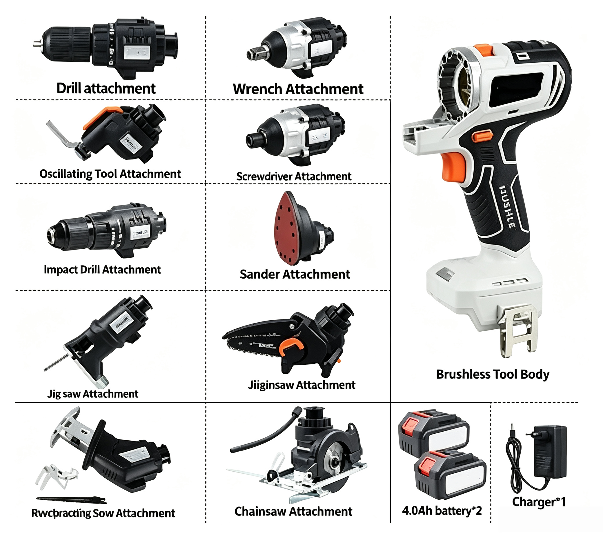 🛠Factory Outsale✨10 in 1 20V Cordless Multifunctional Power Tool Kit with Impact drill Reciprocating saw Jig saw Oscillating tool Chainsaw Screwdriver Attachment