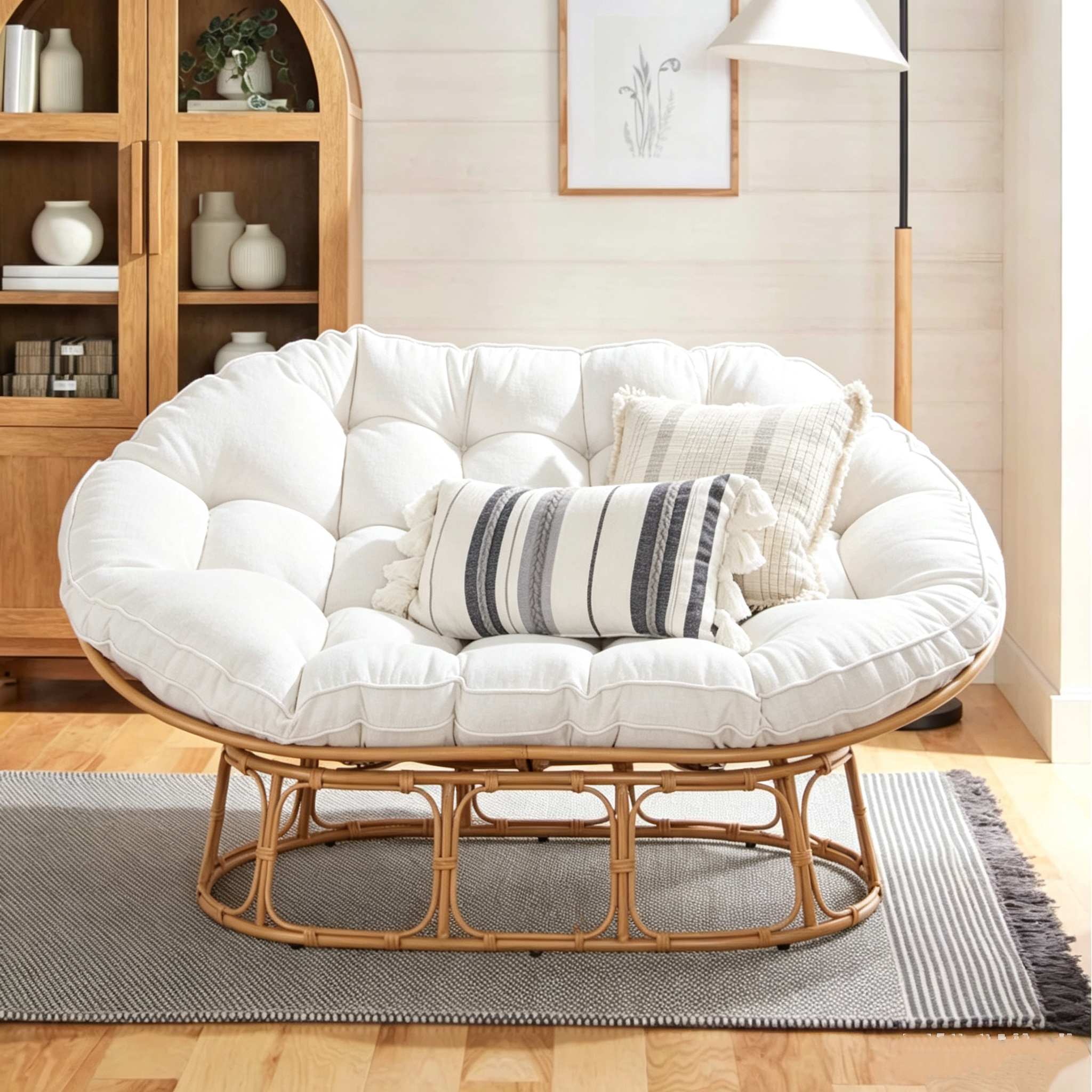 Double Papasan Rocking Lounge Chair, Complete Set with Thick Tufted White Linen Cushion, Faux Rattan Rocking Frame, Oversized 2‑Person Rocking Accent Chair for Living Room Bedroom