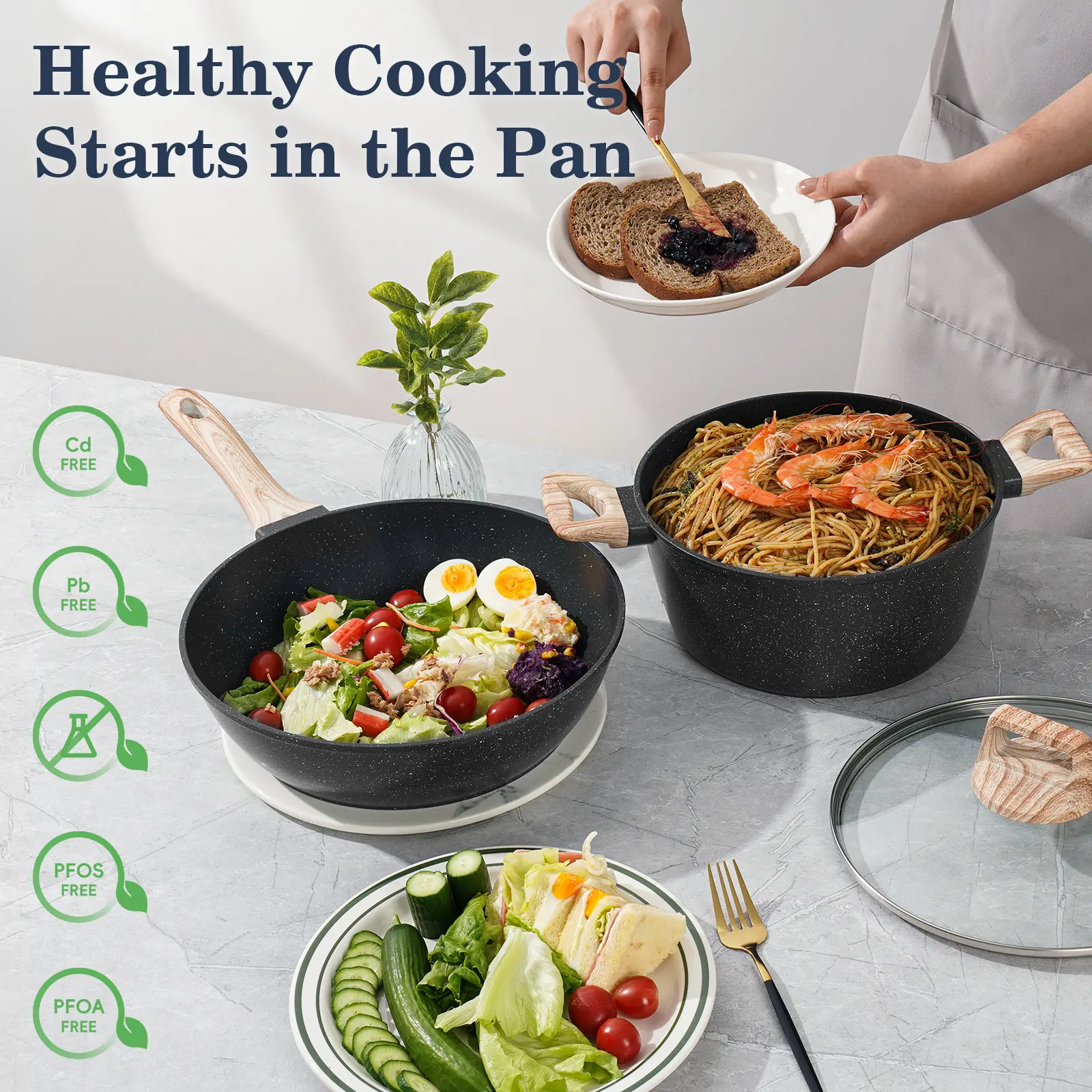  12pcs Nonstick Cookware Set - Granite Induction Kitchenware