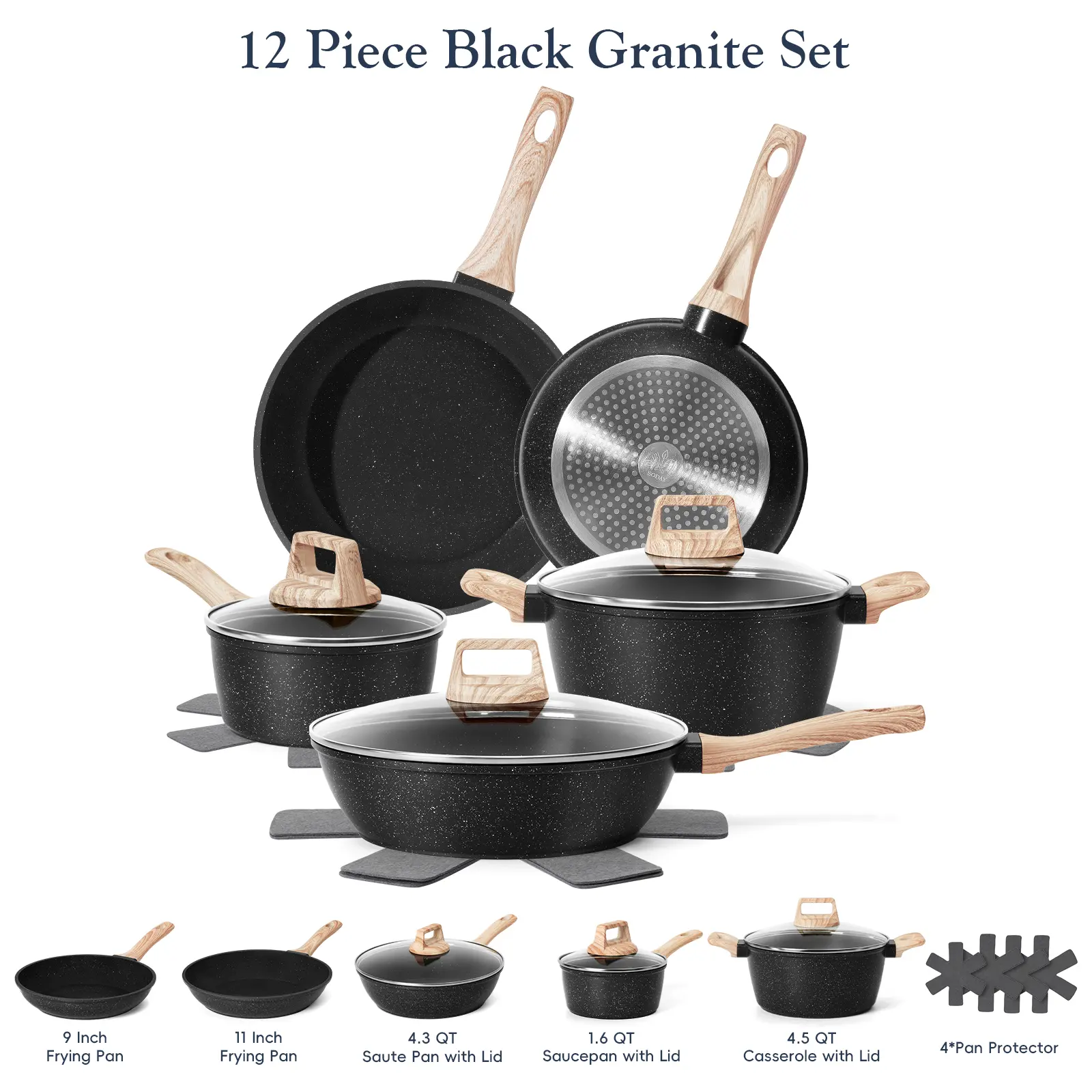  12pcs Nonstick Cookware Set - Granite Induction Kitchenware
