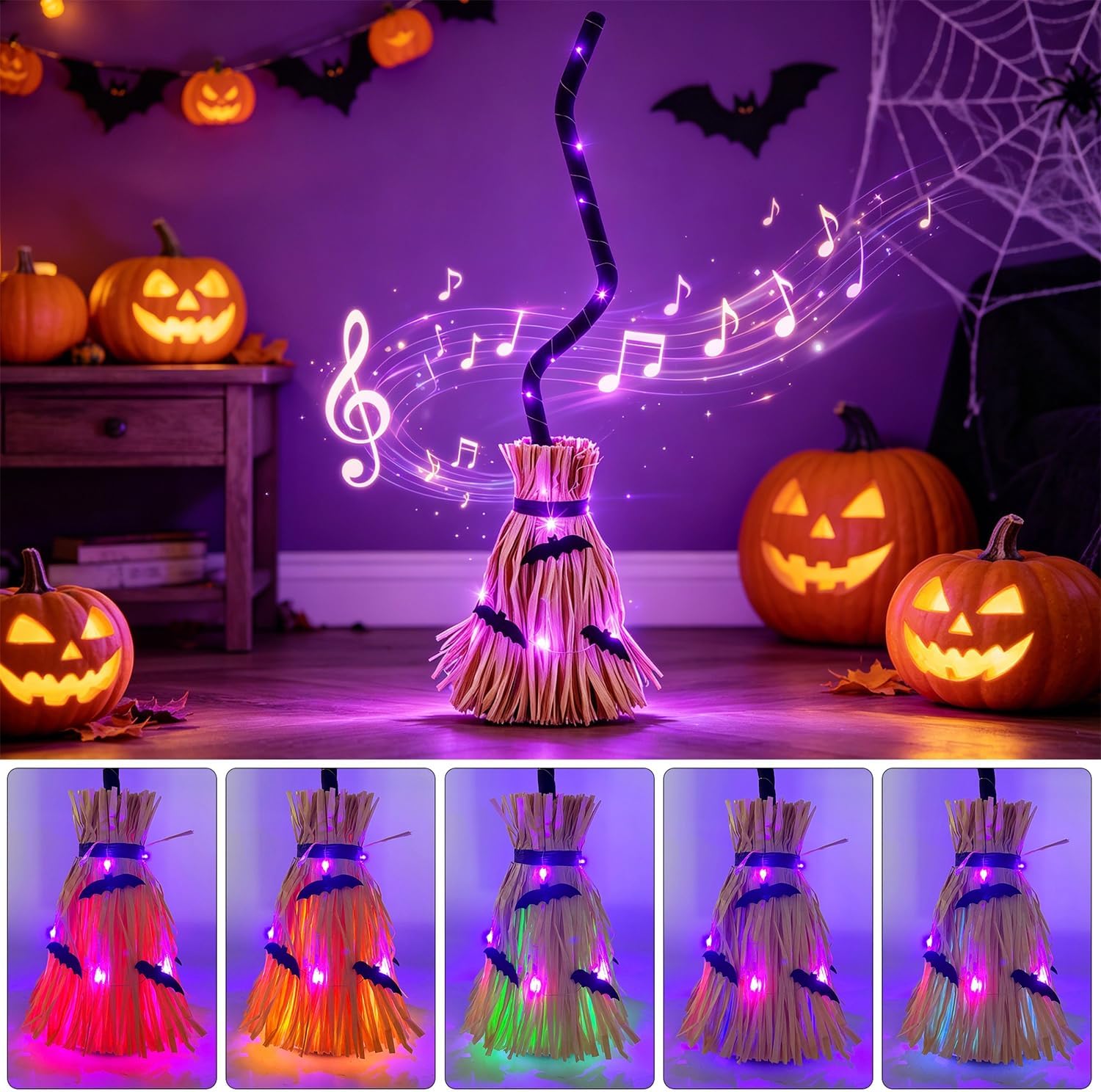 💥 Early Bird Halloween Sale!🔥Halloween Lighted Witches Broom, 32" Animated Moving Broomsticks