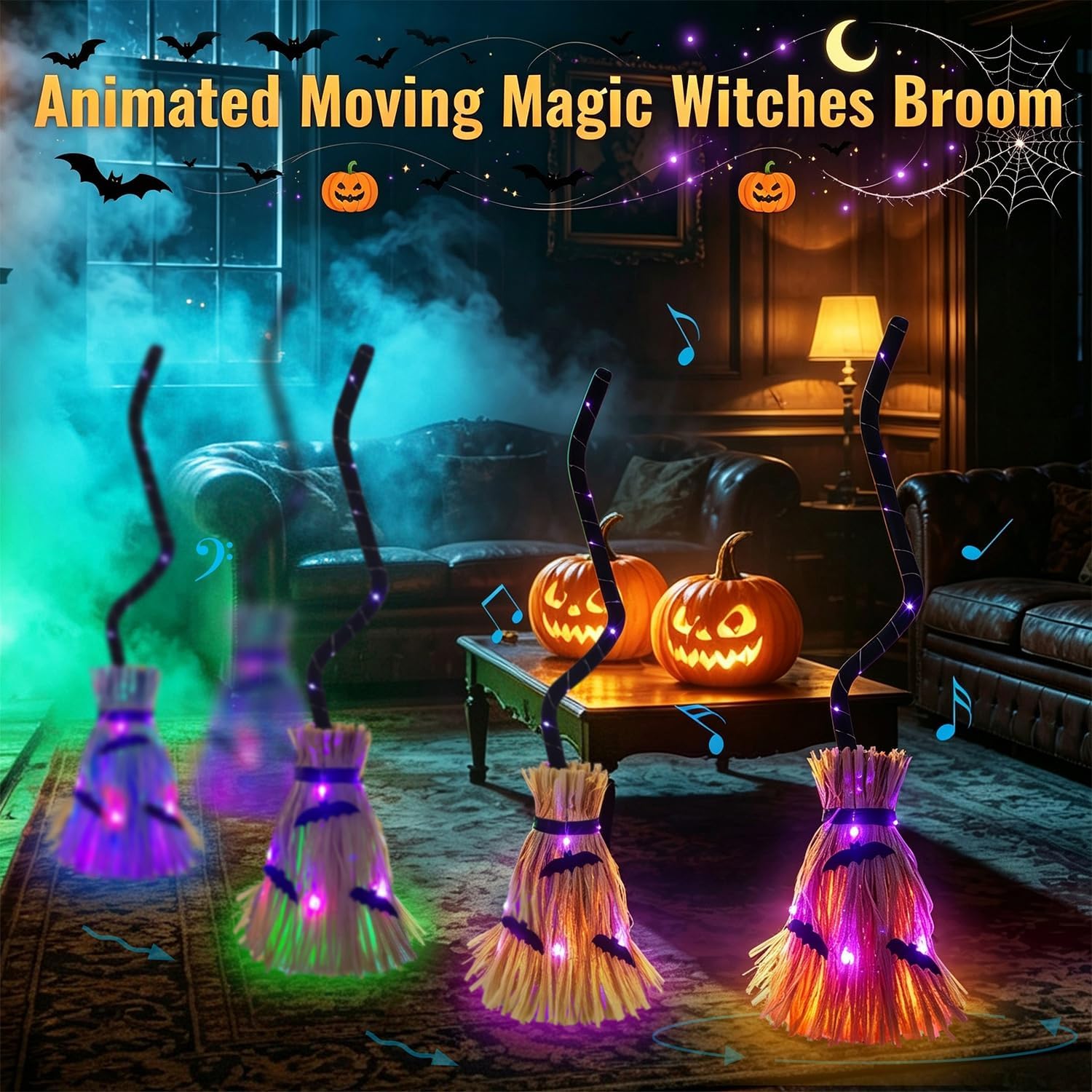 💥 Early Bird Halloween Sale!🔥Halloween Lighted Witches Broom, 32" Animated Moving Broomsticks