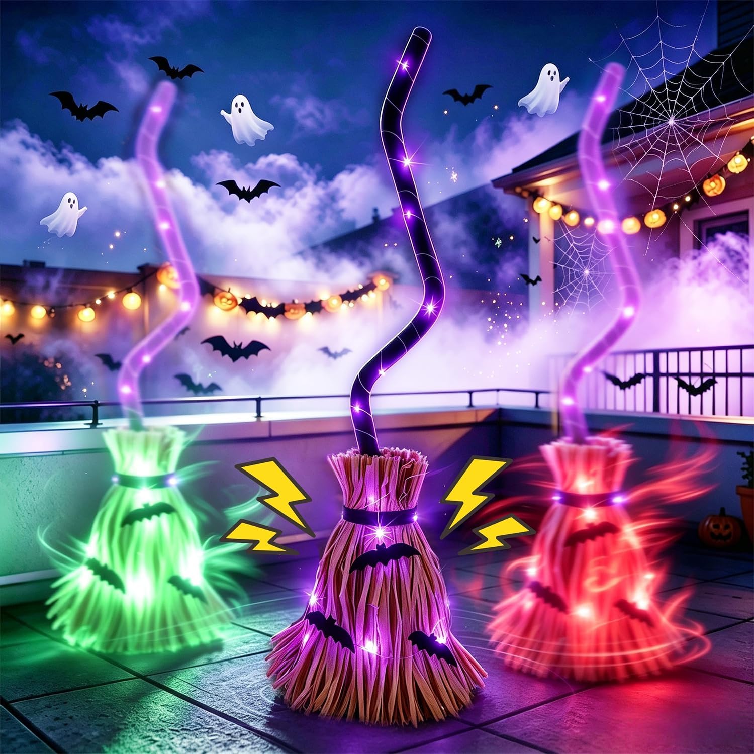 💥 Early Bird Halloween Sale!🔥Halloween Lighted Witches Broom, 32" Animated Moving Broomsticks