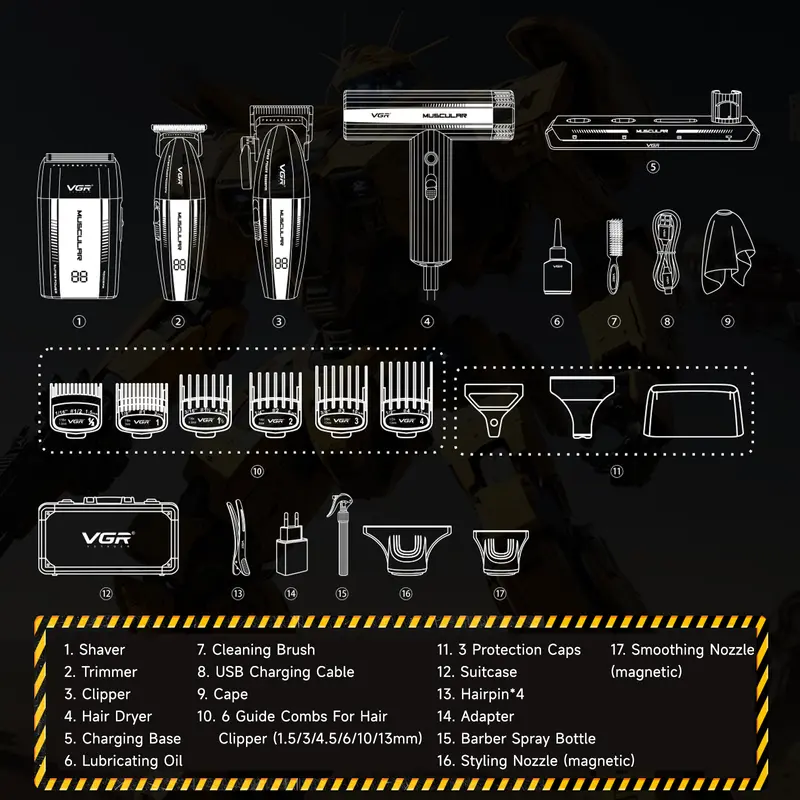Professional Men Hair Clipper & Trimmer Kit | 11000RPM, Long‑Lasting Battery, Charging Base, Travel Case, DLC & Stainless Steel Blades