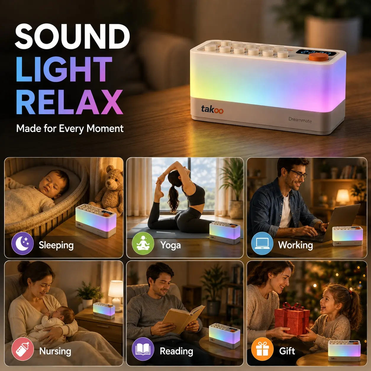 3-in-1 Sound Machine, Bluetooth Speaker & Night Light, Rechargeable White Noise Machine with 8 Mixable Sounds & 11 Ambient Lights for Sleep, Nursery & Relaxation