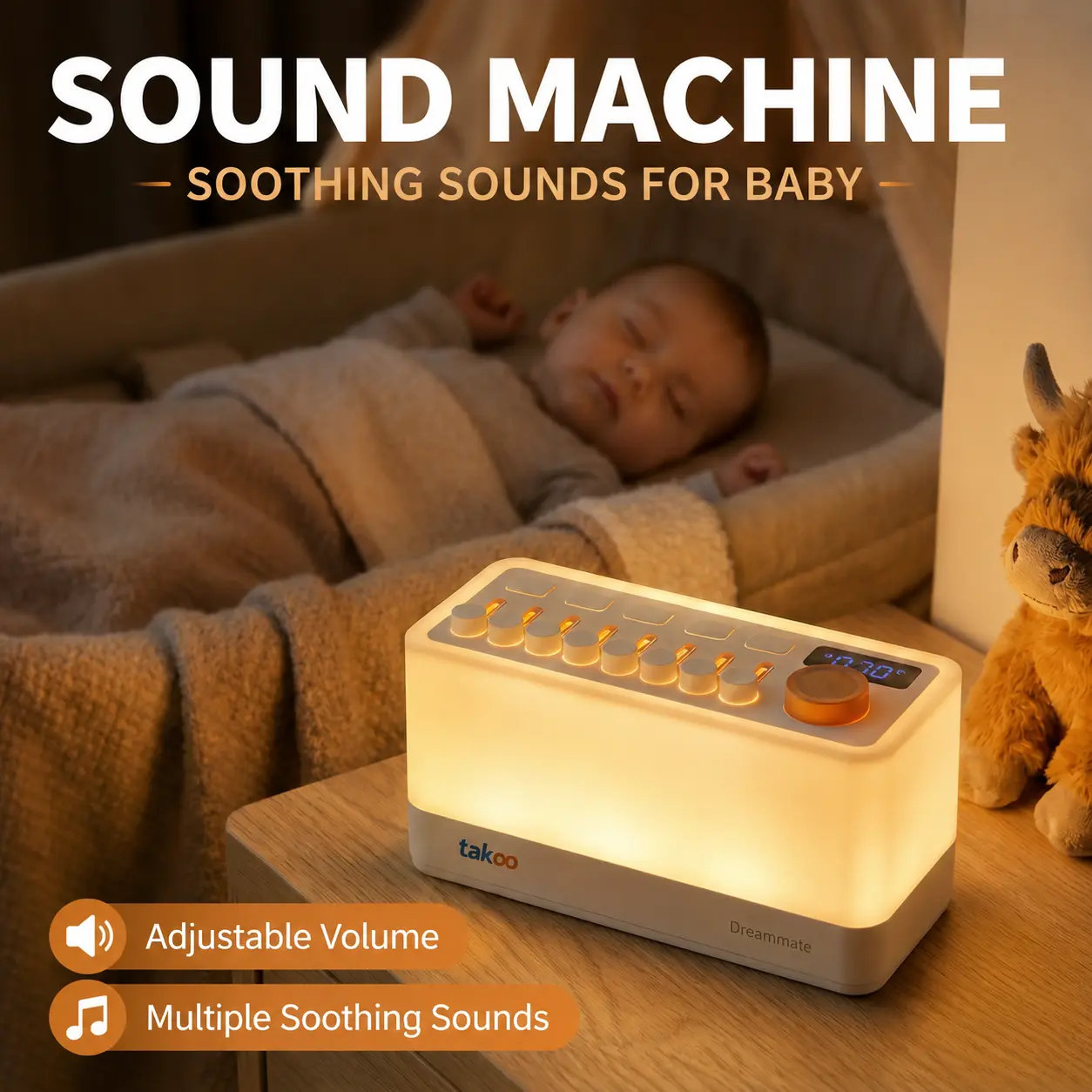 3-in-1 Sound Machine, Bluetooth Speaker & Night Light, Rechargeable White Noise Machine with 8 Mixable Sounds & 11 Ambient Lights for Sleep, Nursery & Relaxation
