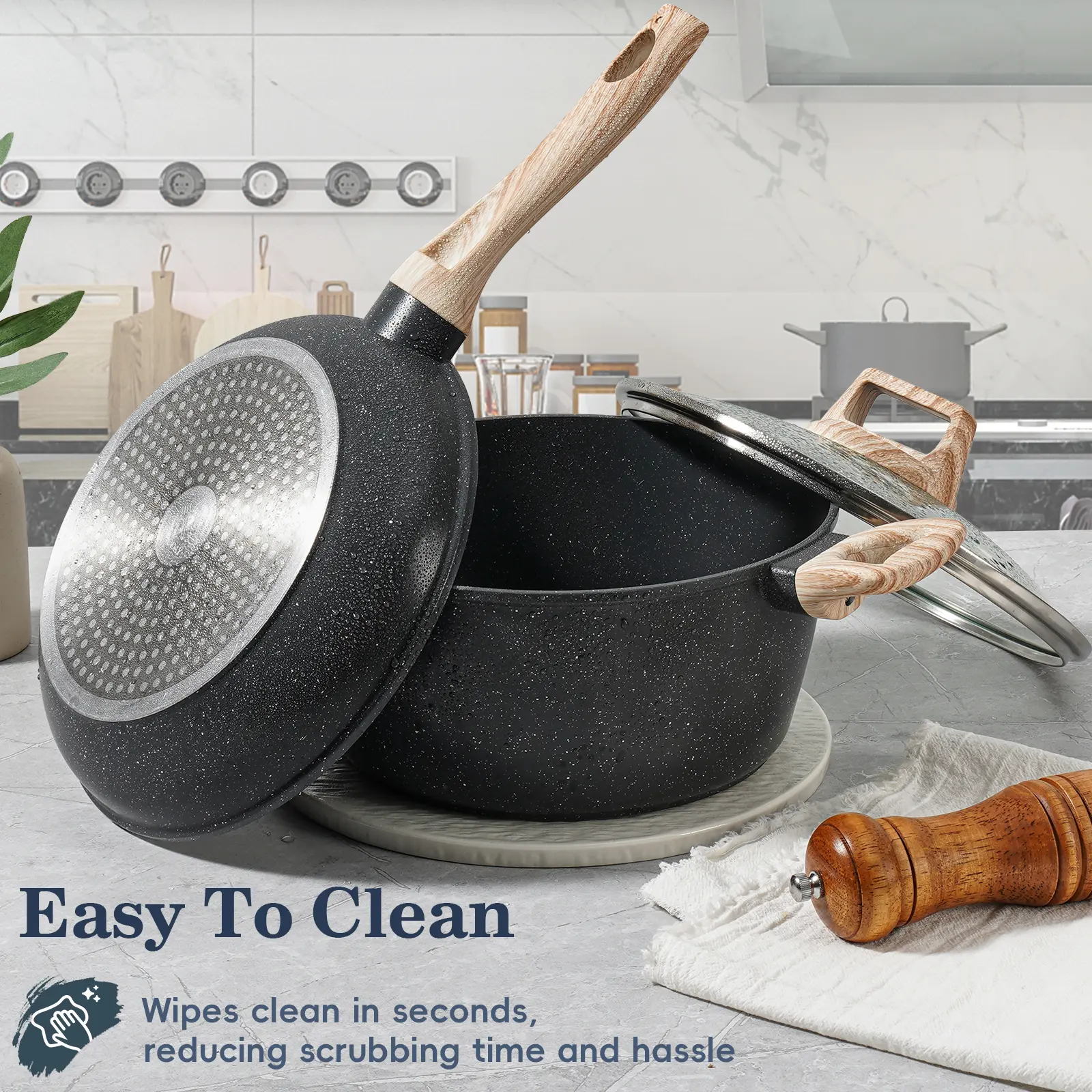  12pcs Nonstick Cookware Set - Granite Induction Kitchenware