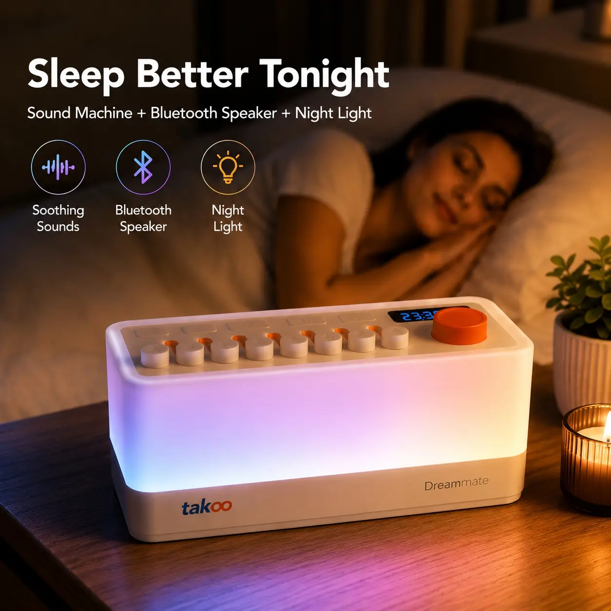 3-in-1 Sound Machine, Bluetooth Speaker & Night Light, Rechargeable White Noise Machine with 8 Mixable Sounds & 11 Ambient Lights for Sleep, Nursery & Relaxation