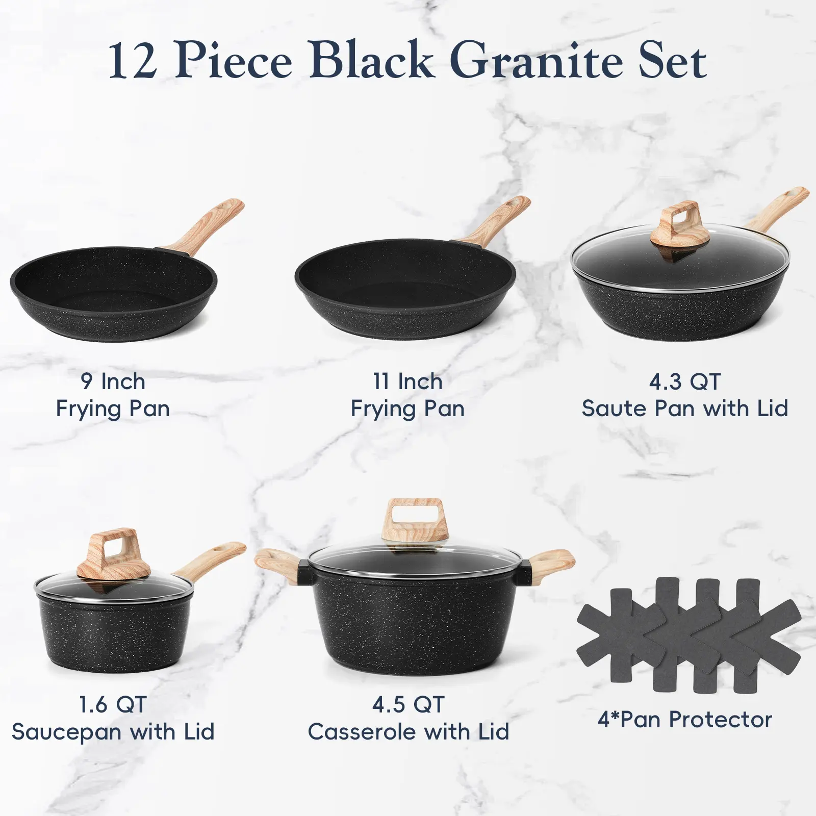  12pcs Nonstick Cookware Set - Granite Induction Kitchenware