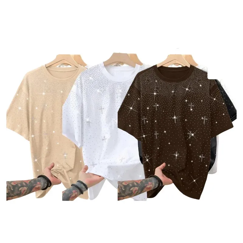 Unisex Rhinestone Cross Pattern T-Shirt