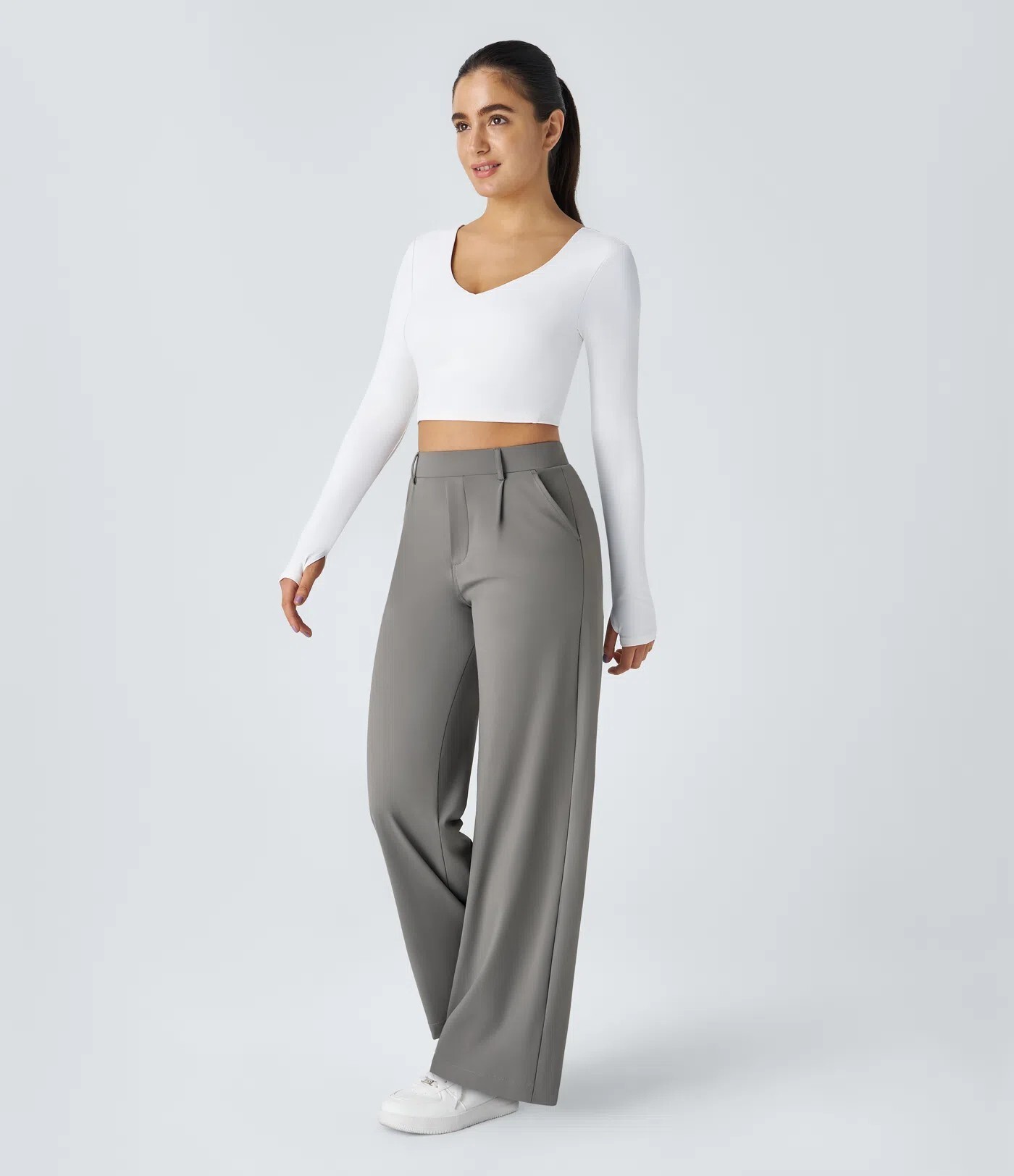 High-waisted Straight Leg Work Pants with Pockets
