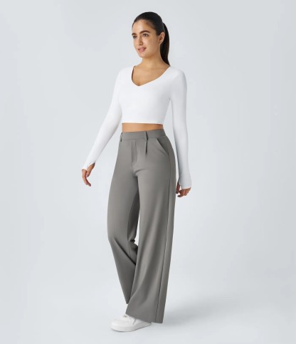 High-waisted Straight Leg Work Pants with Pockets