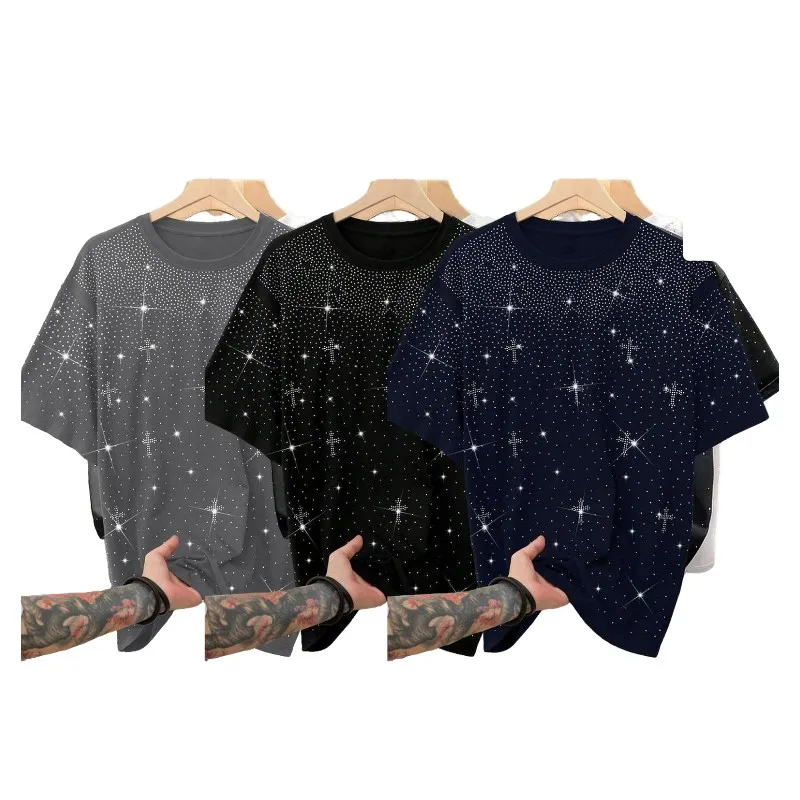 Unisex Rhinestone Cross Pattern T-Shirt